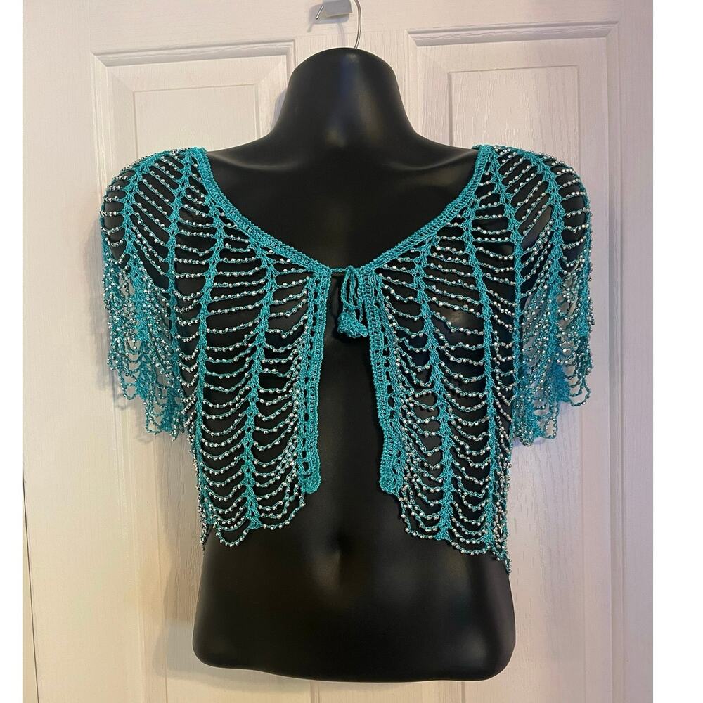 VTG Hand Crocheted Beaded Tie Turquoise Blue Caplet Shrug Glam Festival
Western